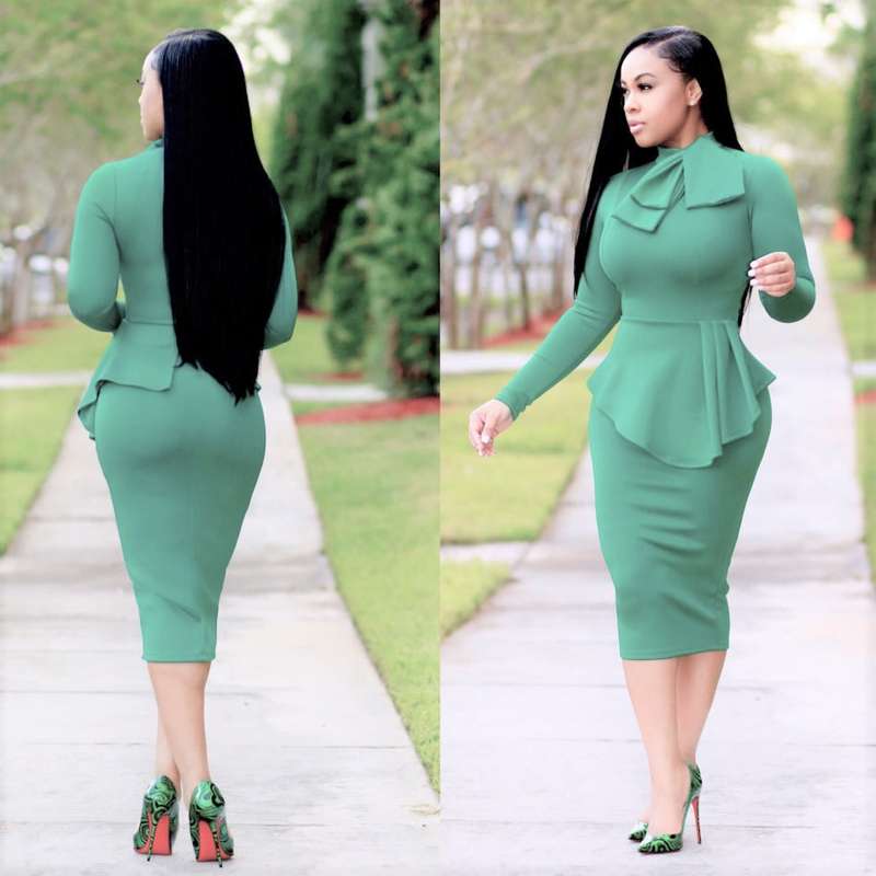 Mint Green Formal Sleeved Midi Office Dress