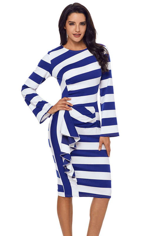 DRESSES/DRESS/MIDI DRESS/BLUE MIDI DRESS/STRIPED MIDI DRESS/RUFFLE MIDI DRESS/LONG SLEEVE MIDI DRESS