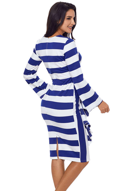 DRESSES/DRESS/MIDI DRESS/BLUE MIDI DRESS/STRIPED MIDI DRESS/RUFFLE MIDI DRESS/LONG SLEEVE MIDI DRESS