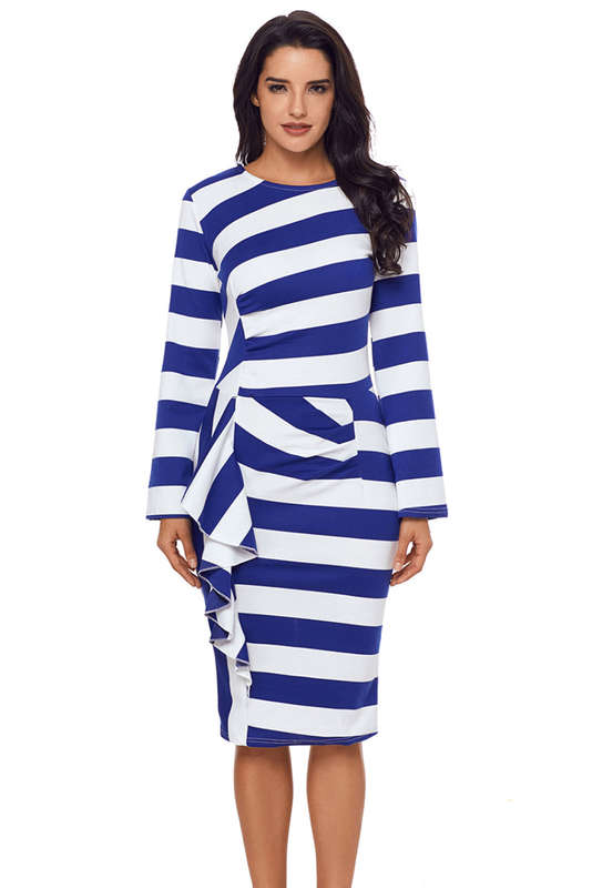 DRESSES/DRESS/MIDI DRESS/BLUE MIDI DRESS/STRIPED MIDI DRESS/RUFFLE MIDI DRESS/LONG SLEEVE MIDI DRESS
