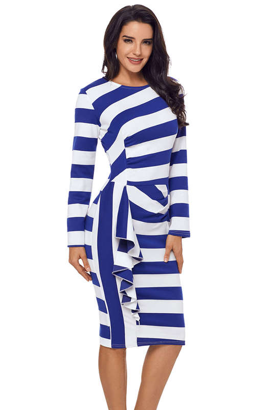 DRESSES/DRESS/MIDI DRESS/BLUE MIDI DRESS/STRIPED MIDI DRESS/RUFFLE MIDI DRESS/LONG SLEEVE MIDI DRESS