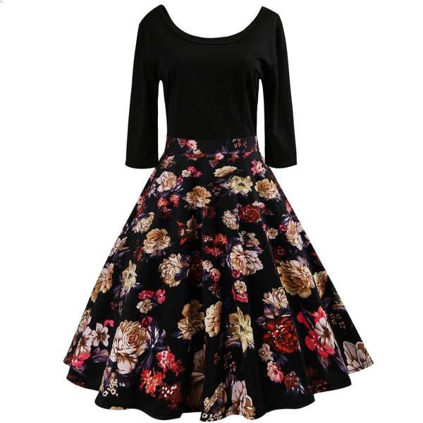 Vintage Black A-Line Floral Print 60's Dresses
