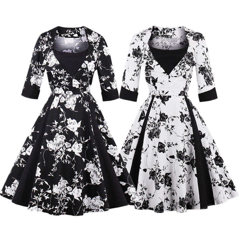 Vintage pleated white and black A-line dresses