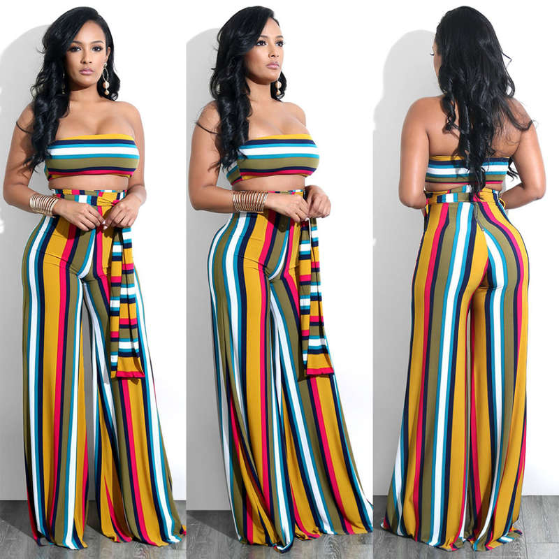 Striped Bandeau Sheath Party Pants Set
