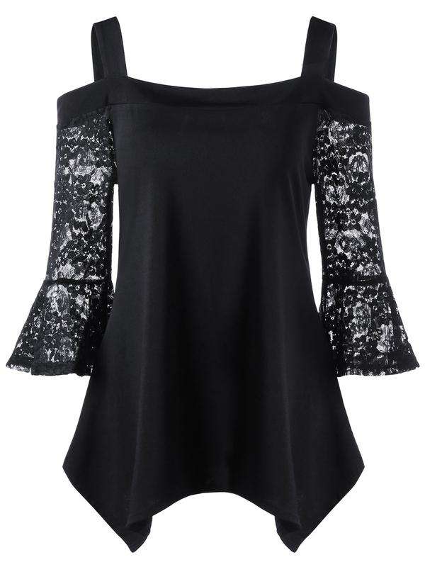 TOPS/LADIES TOP/LACE BLOUSE/BLACK BLOUSE/COLD SHOULDER BLOUSE/ASYMMETRIC TOP/BELL SLEEVE TOP