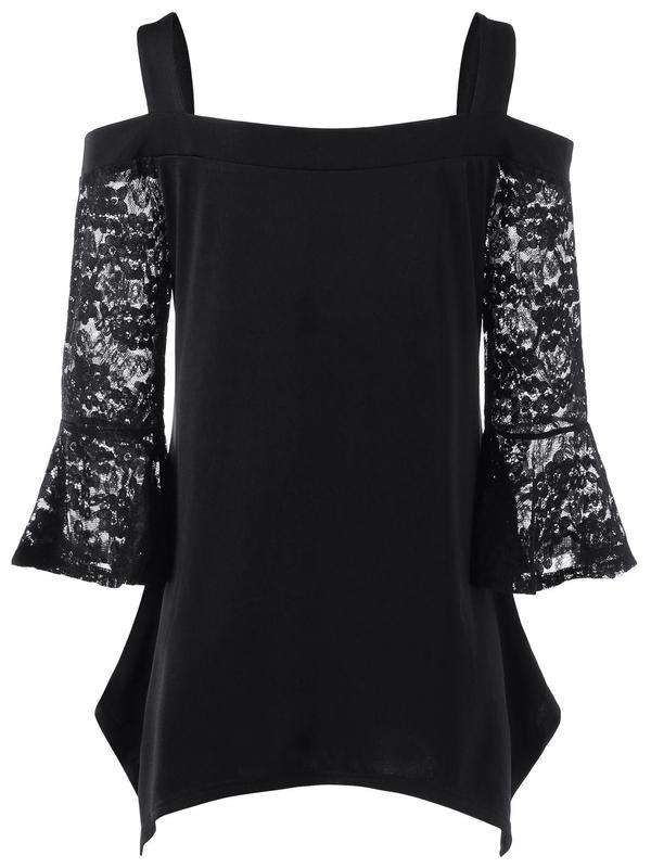 TOPS/LADIES TOP/LACE BLOUSE/BLACK BLOUSE/COLD SHOULDER BLOUSE/ASYMMETRIC TOP/BELL SLEEVE TOP