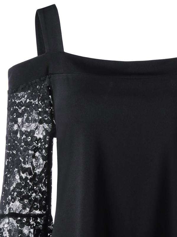 TOPS/LADIES TOP/LACE BLOUSE/BLACK BLOUSE/COLD SHOULDER BLOUSE/ASYMMETRIC TOP/BELL SLEEVE TOP