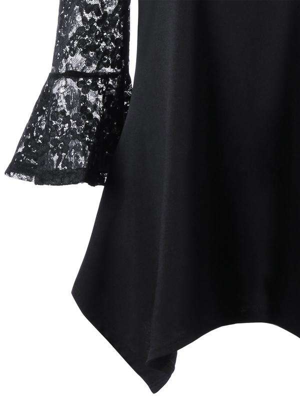 TOPS/LADIES TOP/LACE BLOUSE/BLACK BLOUSE/COLD SHOULDER BLOUSE/ASYMMETRIC TOP/BELL SLEEVE TOP