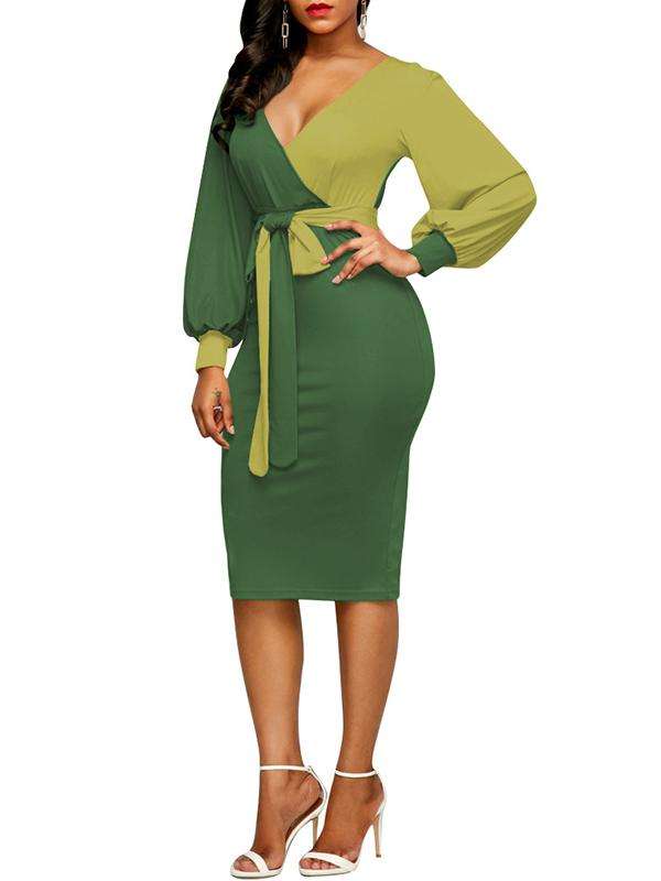 Green Formal Midi Bodycon Contrast Office Dresses For Ladies