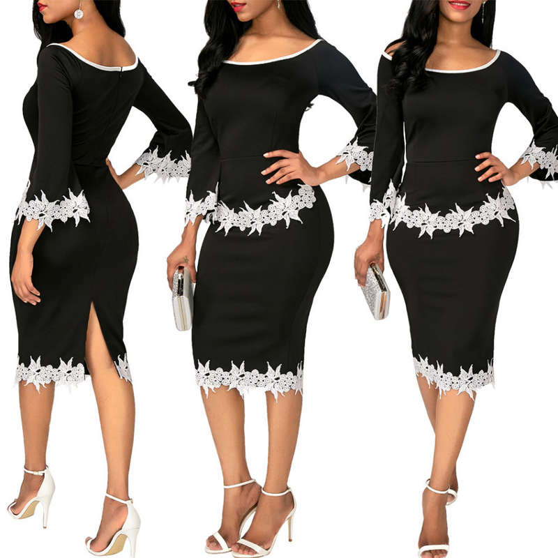 DRESSES/DRESS/PENCIL DRESS/BLACK DRESS/FORMAL DRESS/OFFICE DRESS/CONTRAST DRESS/APPLIQUE DRESS/DRESS