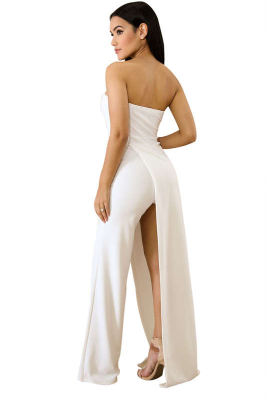 Strapless White Wide Leg Slit Jumpsuit