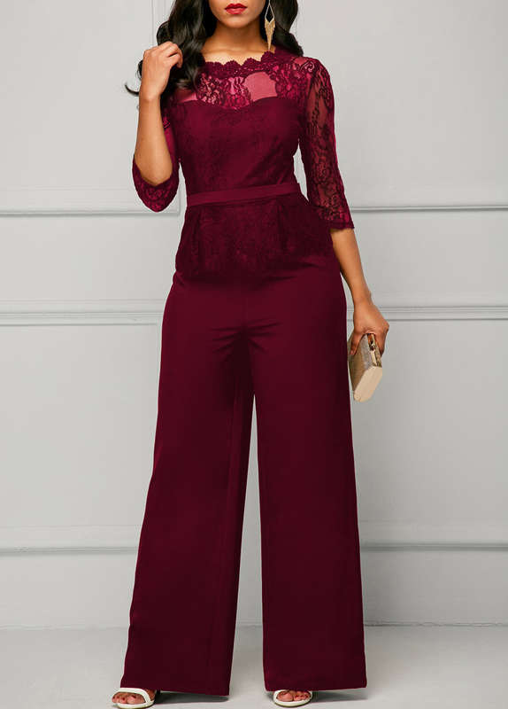 Burgundy Lace Elegant Evening Jumpsuits