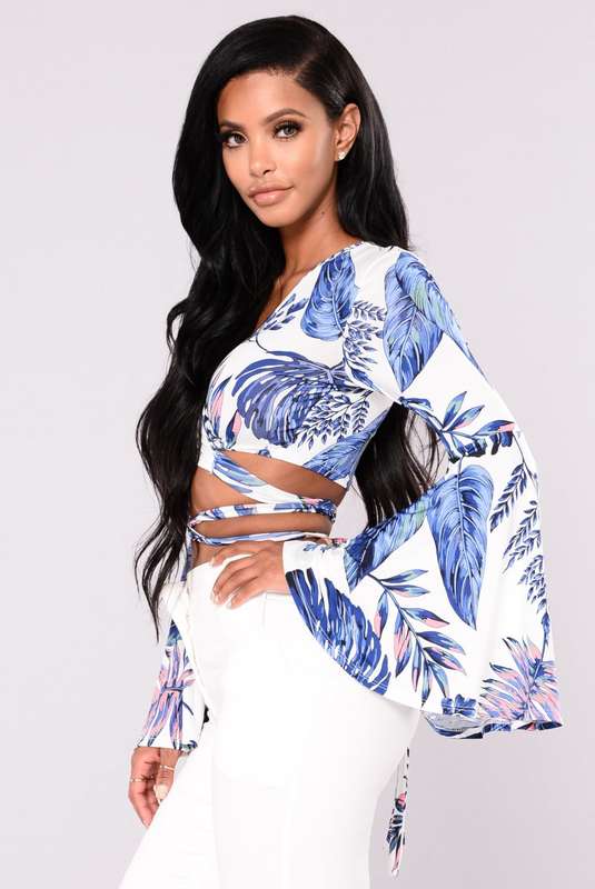 TOPS/CROP TOP/LEAF PRINT TOP/CROP TOP BLOUSE/BELL SLEEVE CROP TOP/SEXY CROP TOP/WHITE BLUE CROP TOP