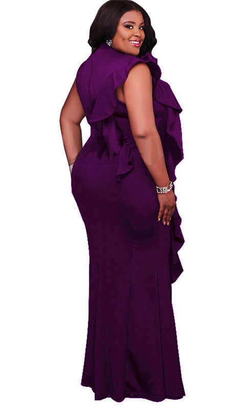 Purple Plus Size Maxi Ruffle Detail Formal Evening Dresses