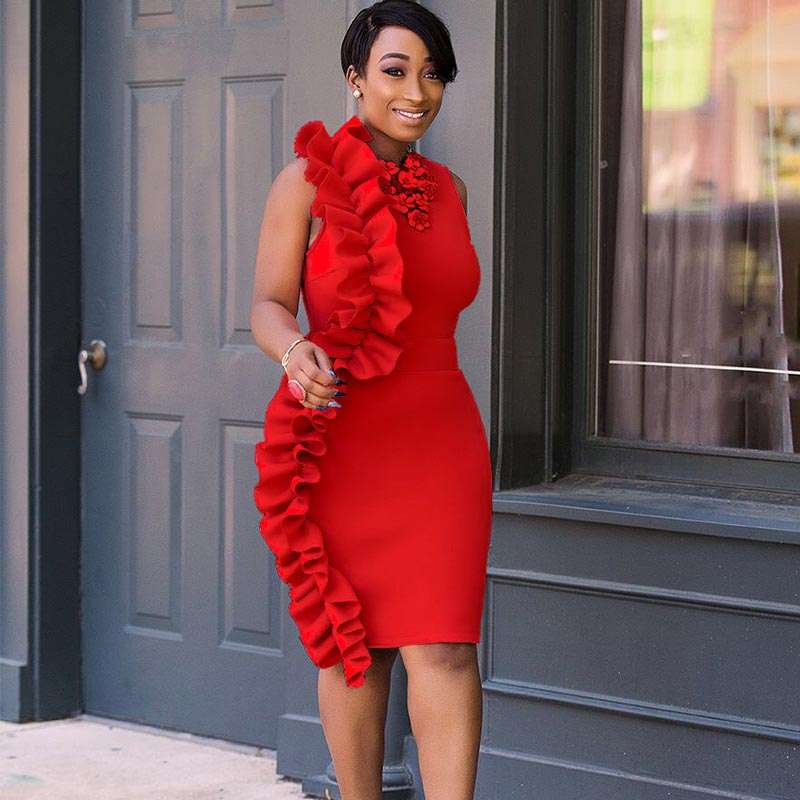 DRESSES/DRESS/RED DRESS/RUFFLE DRESS/BODYCON DRESS/PARTY DRESS/FORMAL DRESS
