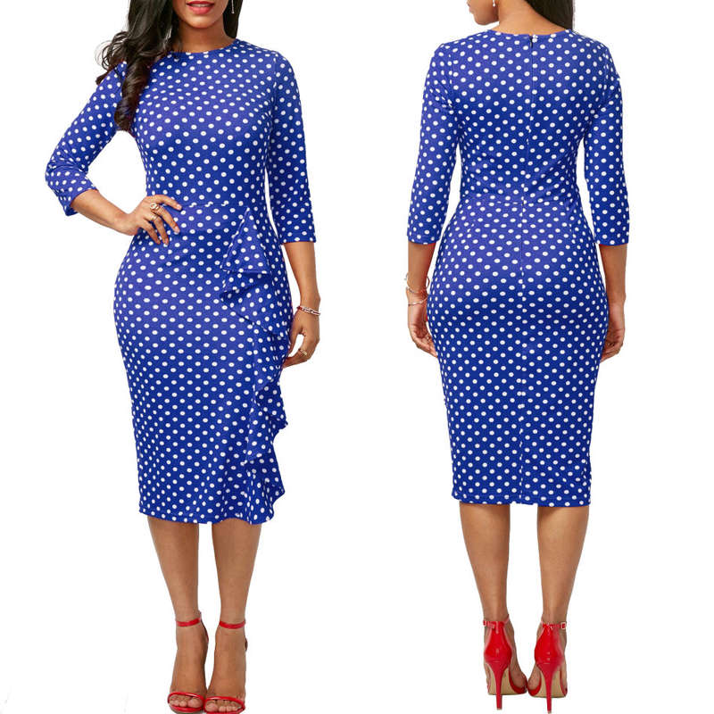 DRESSES/DRESS/POLKA DOT DRESS/MIDI DRESS/OFFICE DRESS/BLUE DRESS/BODYCON DRESS/PENCIL DRESS/DRESSES