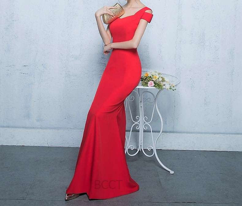 Red fishtail boat neck mermaid evening dress