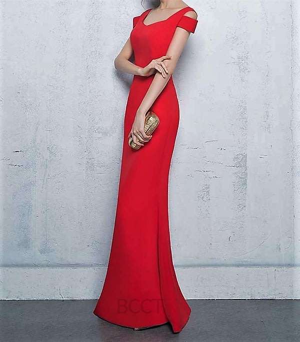 Red fishtail boat neck mermaid evening dress