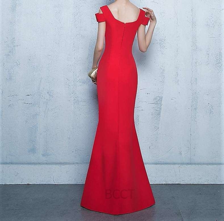 Red fishtail boat neck mermaid evening dress