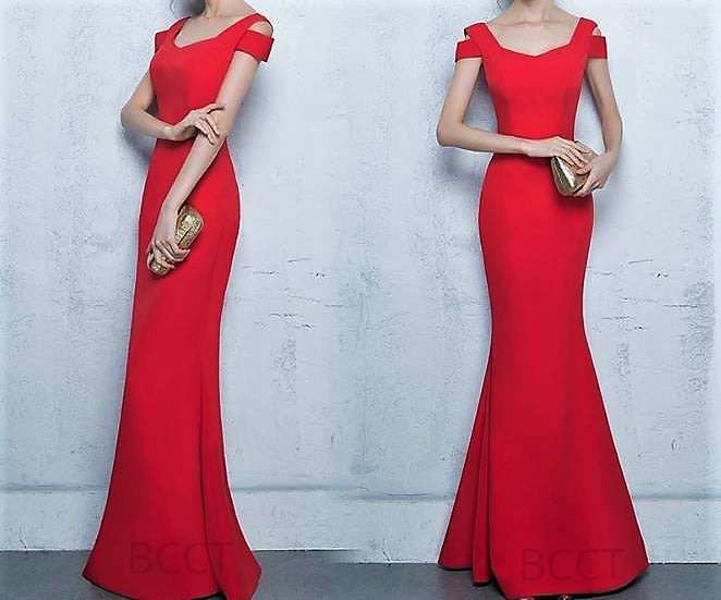 Red fishtail boat neck mermaid evening dress