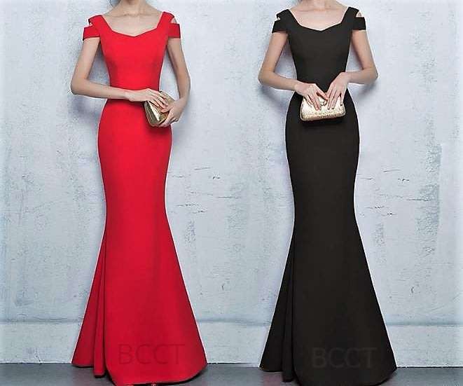 Red fishtail boat neck mermaid evening dress