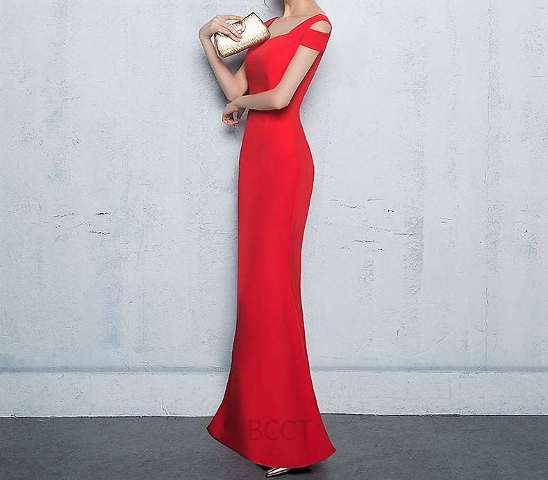 Red fishtail boat neck mermaid evening dress
