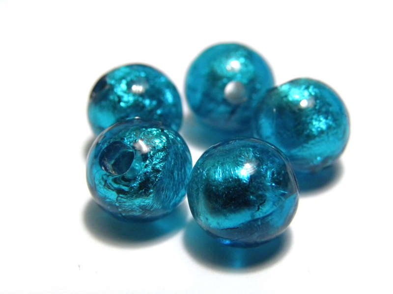 Glass Beads Foil Round Teal Blue 14mm