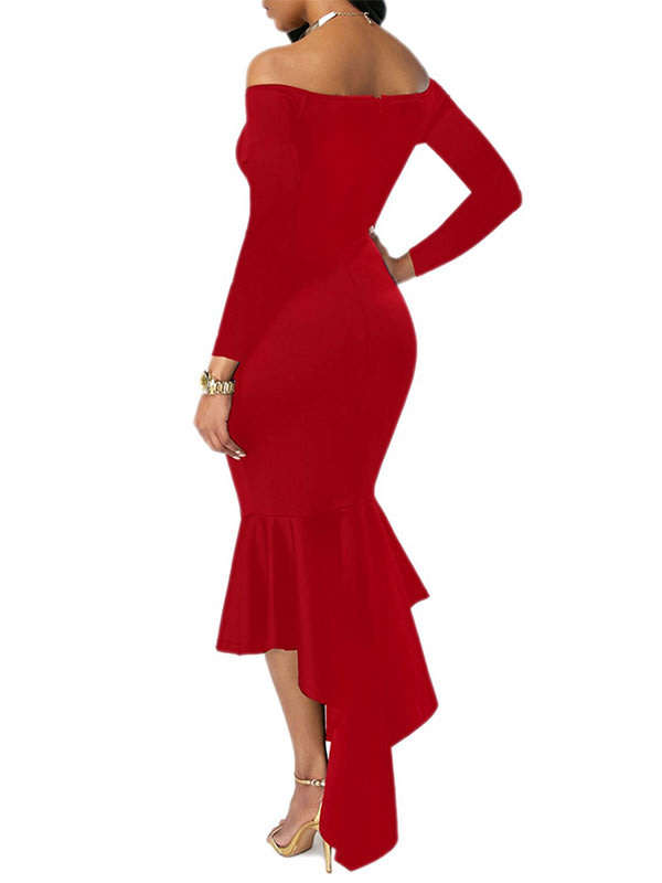 DRESSES/DRESS/MIDI DRESS/PARTY DRESS/RED DRESS/OFF SHOULDER DRESS/LONG SLEEVE DRESS/FORMAL DRESS