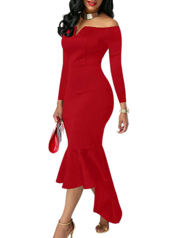 DRESSES/DRESS/MIDI DRESS/PARTY DRESS/RED DRESS/OFF SHOULDER DRESS/LONG SLEEVE DRESS/FORMAL DRESS