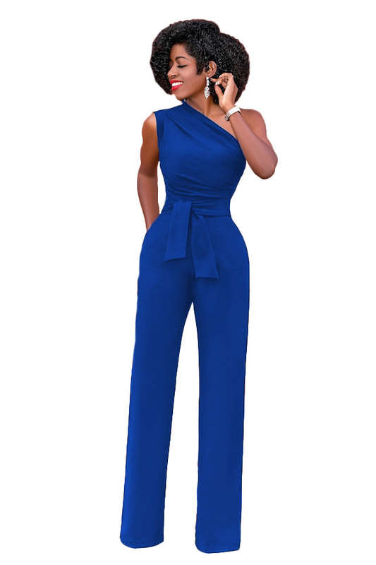Womens elegant blue one shoulder belted jumpsuit