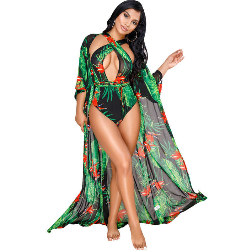 Ladies monokini and cover-up swimsuit set - black