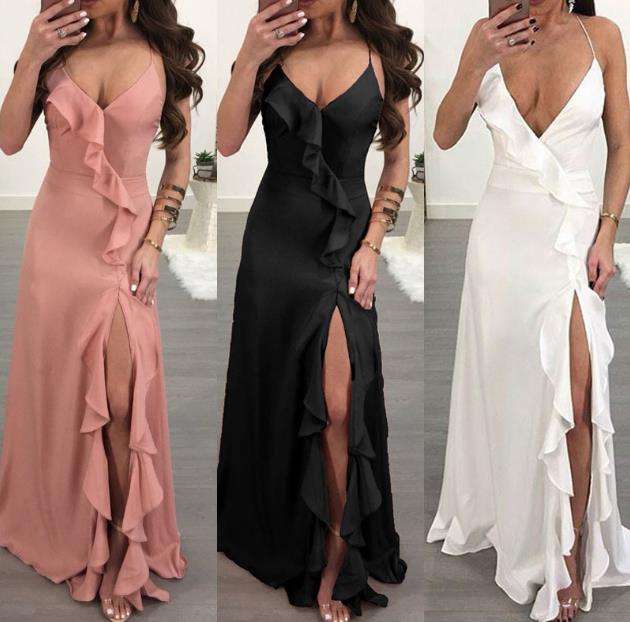 Black Ruffle Strappy Party Maxi Dresses