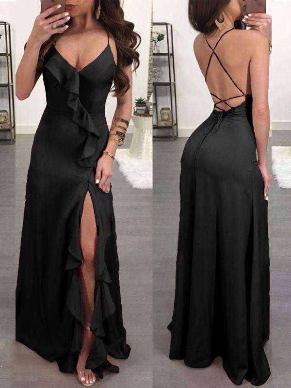 Black Ruffle Strappy Party Maxi Dresses