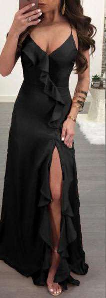 Black Ruffle Strappy Party Maxi Dresses