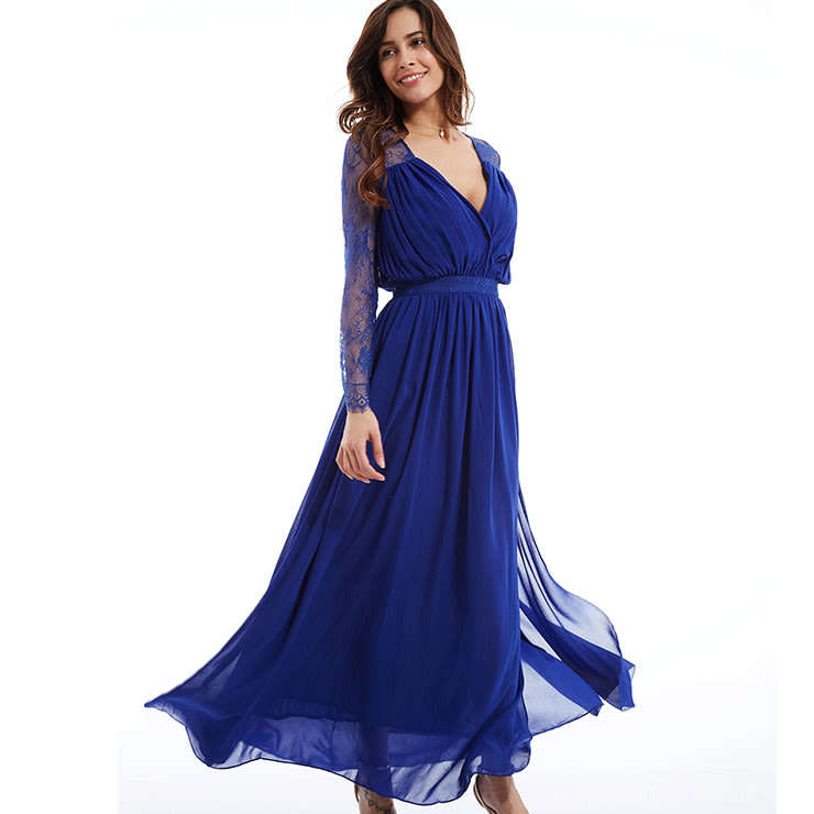 Evening Gown Royal Blue Chiffon Long Sleeve Evening Dresses
