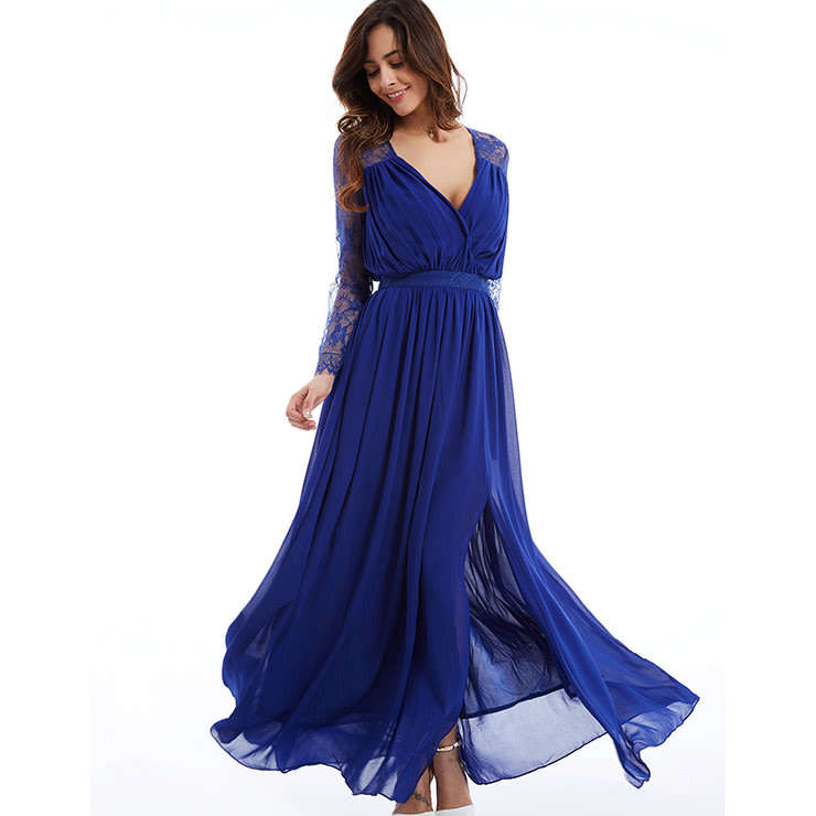 Evening Gown Royal Blue Chiffon Long Sleeve Evening Dresses