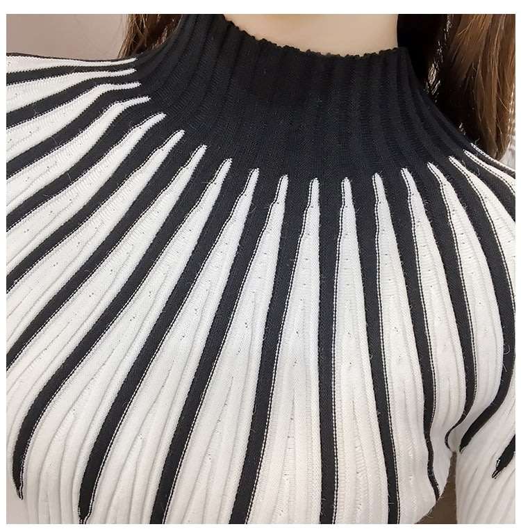 KNITWEAR/KNITTED SWEATERS/PULLOVER SWEATERS/TURTLENECK SWEATER/CONTRAST SWEATER/WHITE BLACK SWEATER