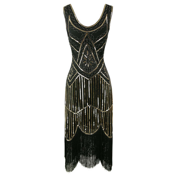 Local Stock Black Gold Sequined Tassel Gatsby Flapper Art Deco Evening Party Dress Size XL