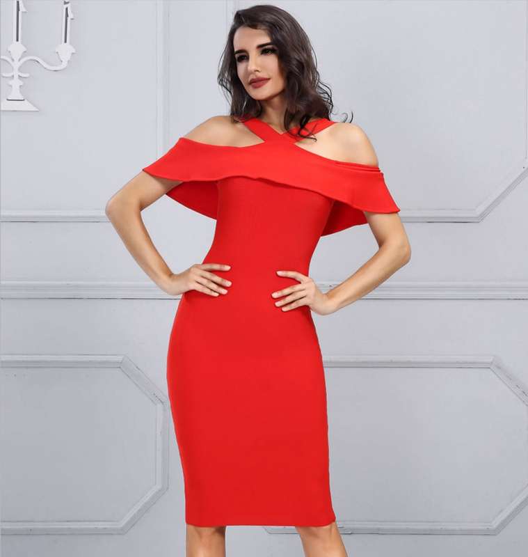 DRESS/RED DRESS/HALTER DRESS/SHEATH DRESS/PARTY DRESS/SEXY DRESS/COCKTAIL DRESS/FALBALA DRESS