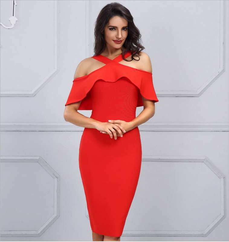 DRESS/RED DRESS/HALTER DRESS/SHEATH DRESS/PARTY DRESS/SEXY DRESS/COCKTAIL DRESS/FALBALA DRESS