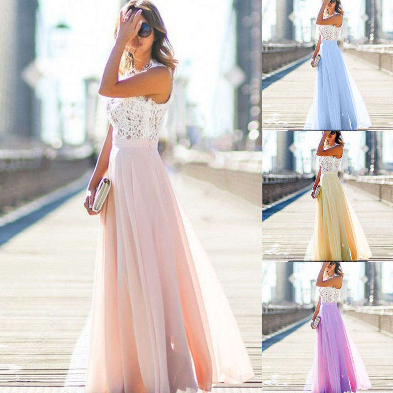 Elegant Lace Maxi Chiffon Dresses In Pink