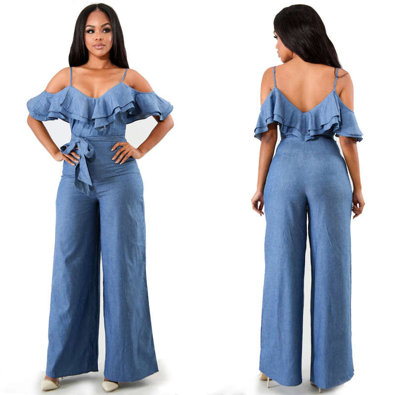 Denim Ruffle Wide Leg Jeans Jumpsuit