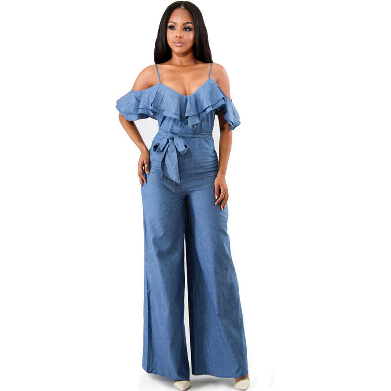 Denim Ruffle Wide Leg Jeans Jumpsuit