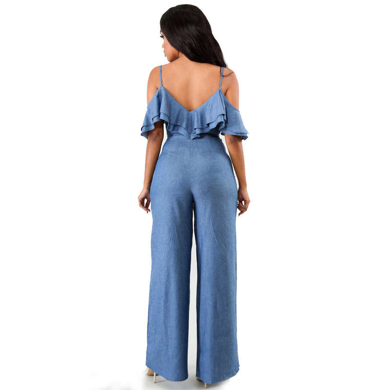 Denim Ruffle Wide Leg Jeans Jumpsuit