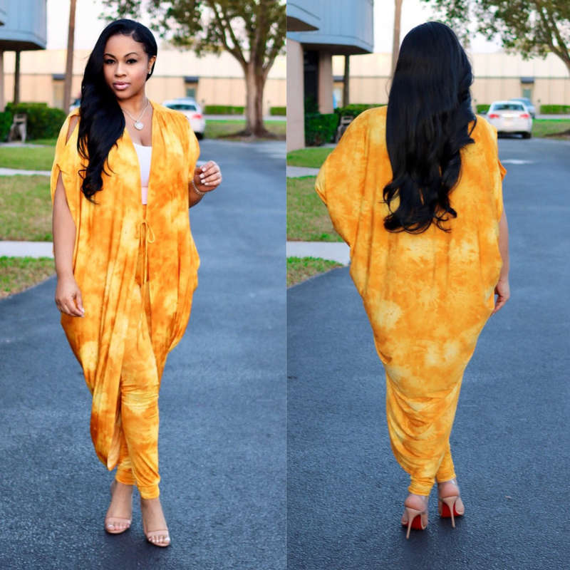 Womens two piece bat sleeve yellow pants set