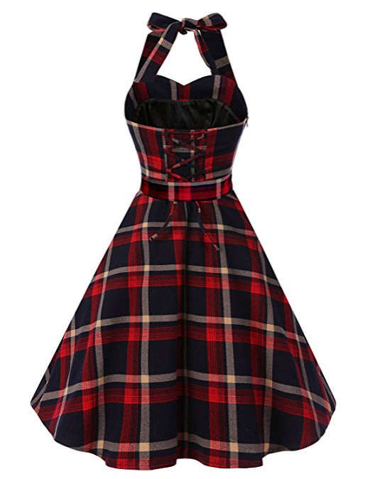 Vintage Sweetheart Neckline Halter Backless Red Plaid Knee-Length Cocktail Party Swing Dresses