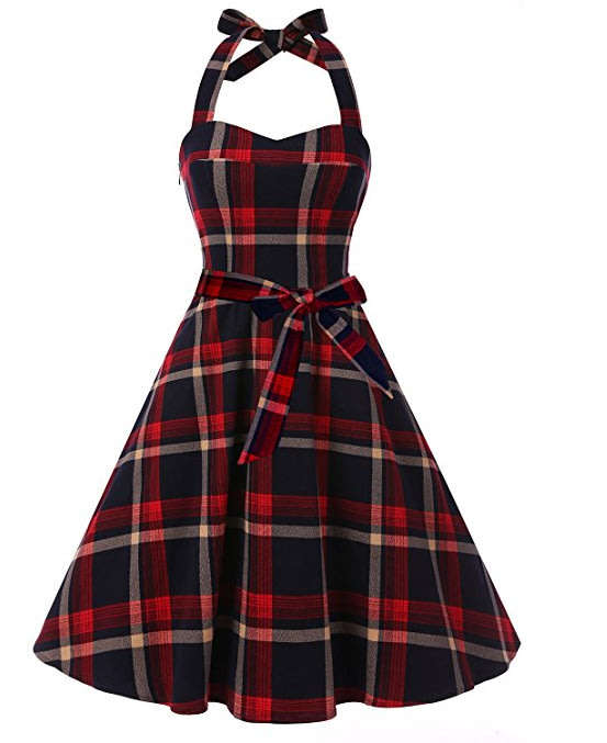 Vintage Sweetheart Neckline Halter Backless Red Plaid Knee-Length Cocktail Party Swing Dresses