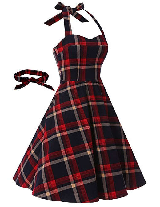 Vintage Sweetheart Neckline Halter Backless Red Plaid Knee-Length Cocktail Party Swing Dresses