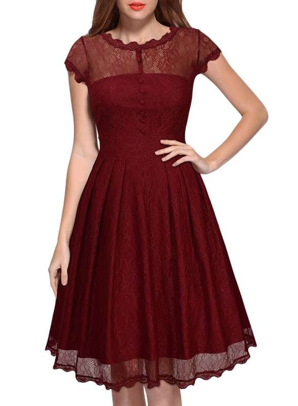Women's Wine Red Vintage Formal Floral Lace Evening Party Swing Dress