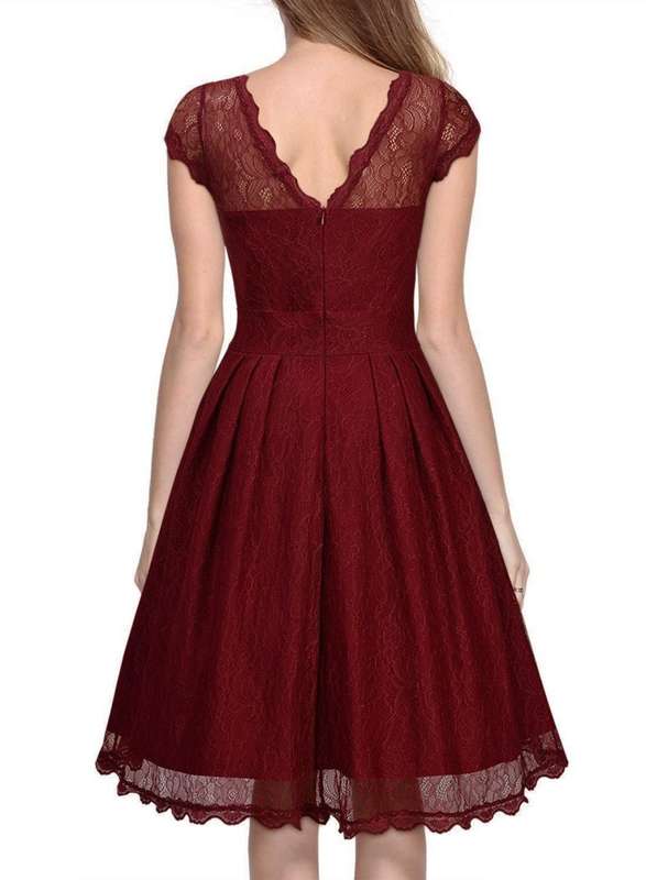 Women's Wine Red Vintage Formal Floral Lace Evening Party Swing Dress